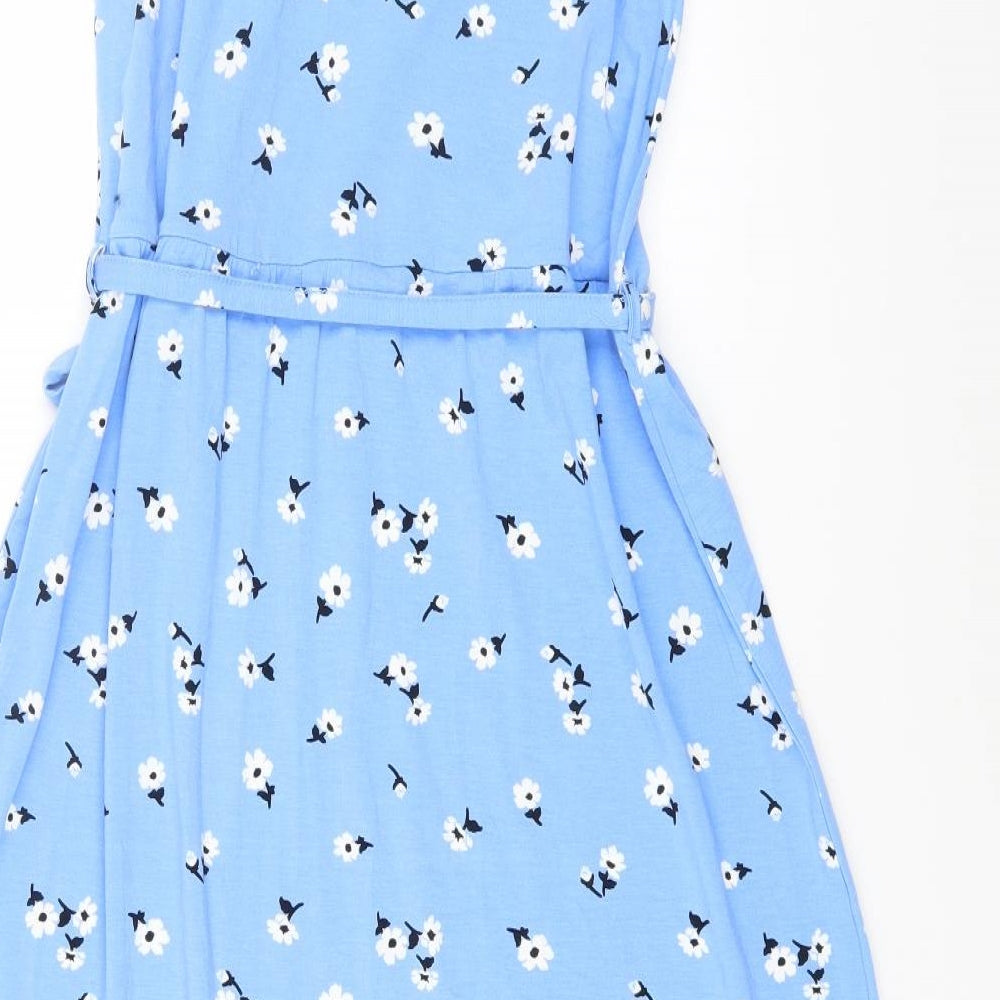 Dorothy Perkins Womens Blue Floral Cotton A-Line Size 10 Mock Neck Button