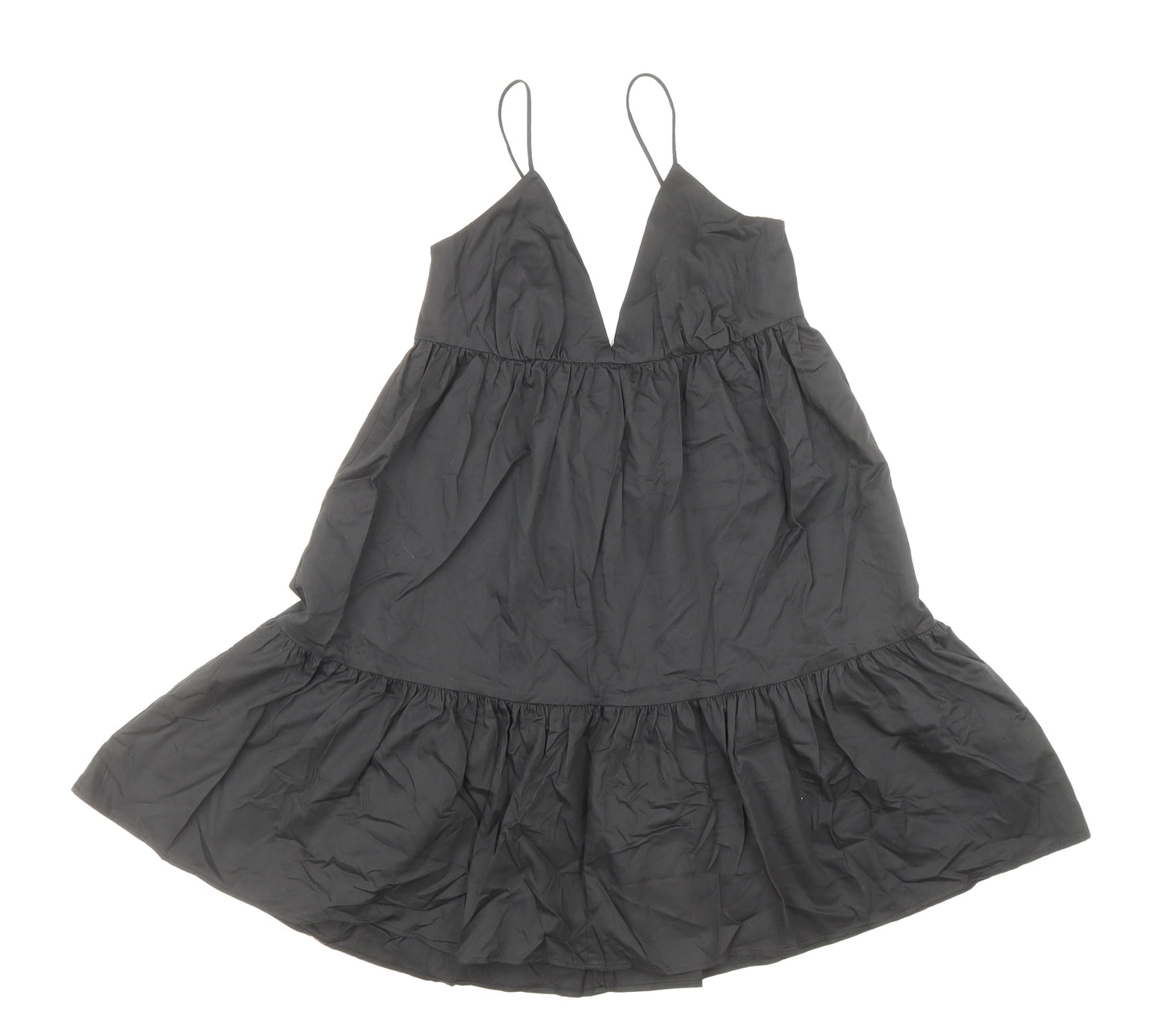 Zara Womens Black 100% Cotton Skater Dress Size S V-Neck Tie - Adjustable straps