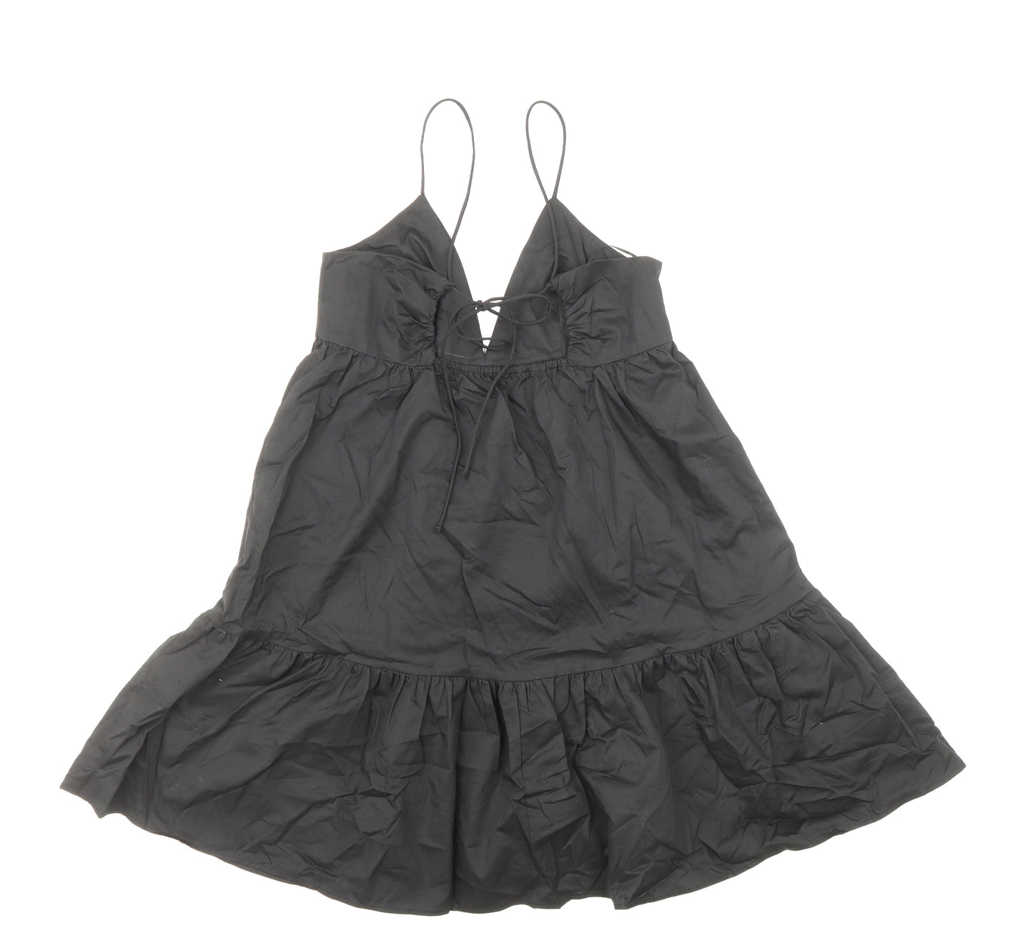 Zara Womens Black 100% Cotton Skater Dress Size S V-Neck Tie - Adjustable straps