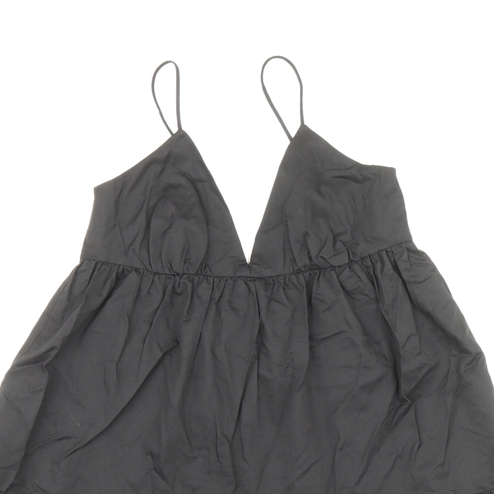 Zara Womens Black 100% Cotton Skater Dress Size S V-Neck Tie - Adjustable straps