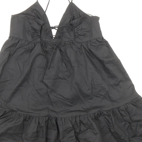 Zara Womens Black 100% Cotton Skater Dress Size S V-Neck Tie - Adjustable straps
