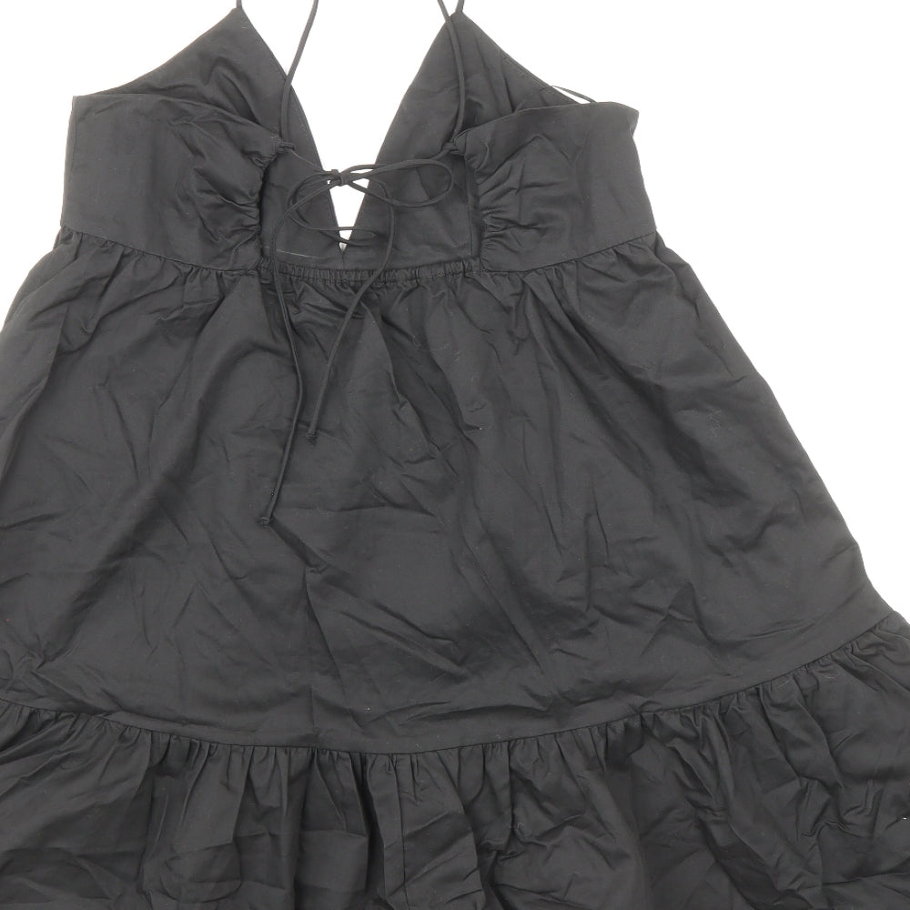 Zara Womens Black 100% Cotton Skater Dress Size S V-Neck Tie - Adjustable straps