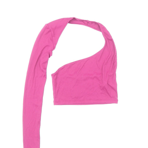 Pull&Bear Womens Pink Polyamide Cropped T-Shirt Size S One Shoulder - One Sleeved Hatler Neck Ribbed
