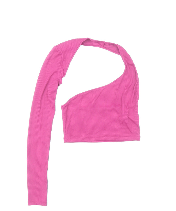 Pull&Bear Womens Pink Polyamide Cropped T-Shirt Size S One Shoulder - One Sleeved Hatler Neck Ribbed