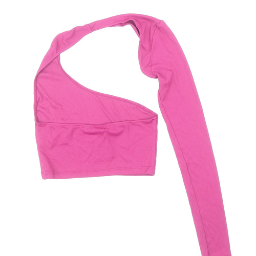 Pull&Bear Womens Pink Polyamide Cropped T-Shirt Size S One Shoulder - One Sleeved Hatler Neck Ribbed