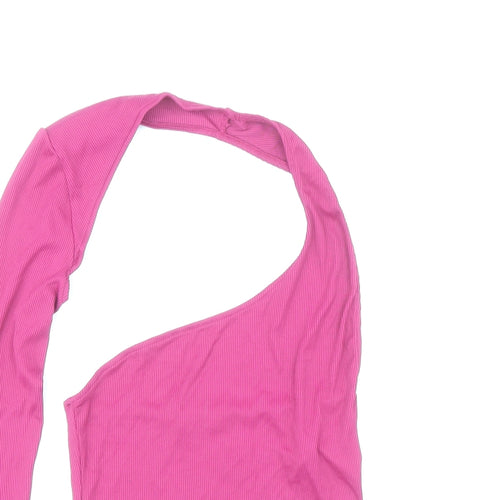 Pull&Bear Womens Pink Polyamide Cropped T-Shirt Size S One Shoulder - One Sleeved Hatler Neck Ribbed