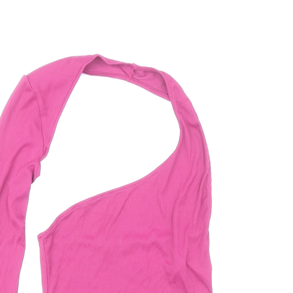 Pull&Bear Womens Pink Polyamide Cropped T-Shirt Size S One Shoulder - One Sleeved Hatler Neck Ribbed