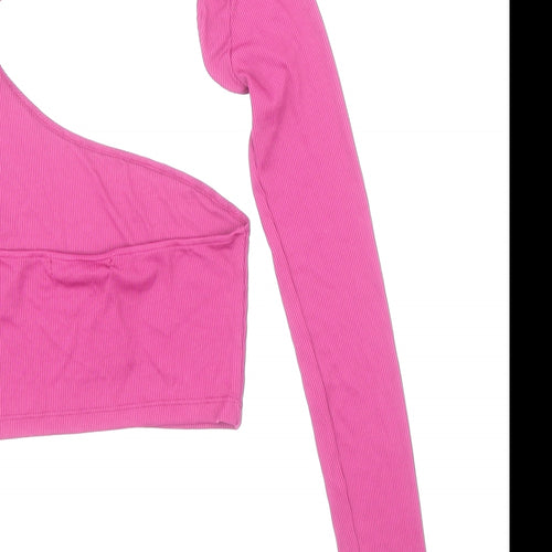 Pull&Bear Womens Pink Polyamide Cropped T-Shirt Size S One Shoulder - One Sleeved Hatler Neck Ribbed