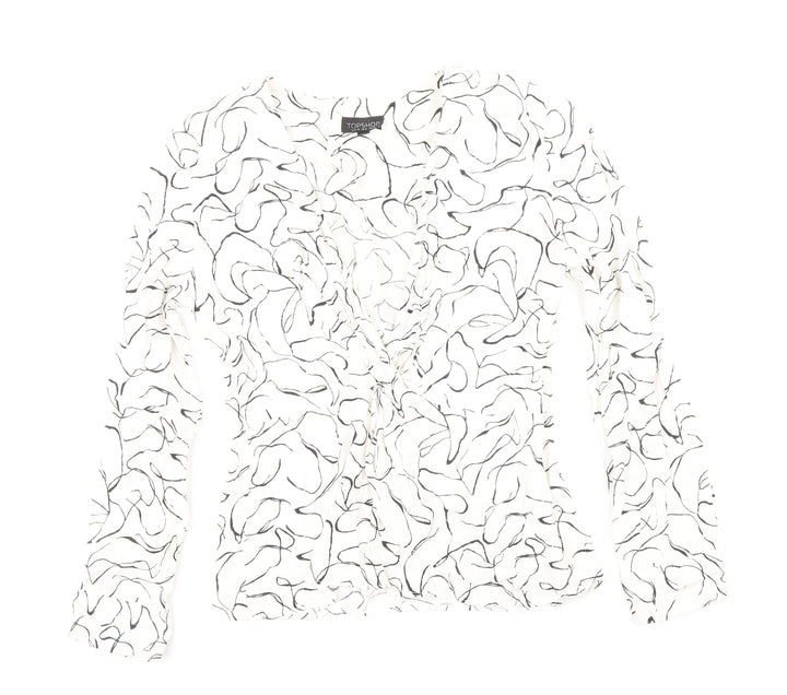 Topshop Womens White Geometric Viscose Basic Blouse Size 10 V-Neck - Buttoned Cuff, Peplum Hem