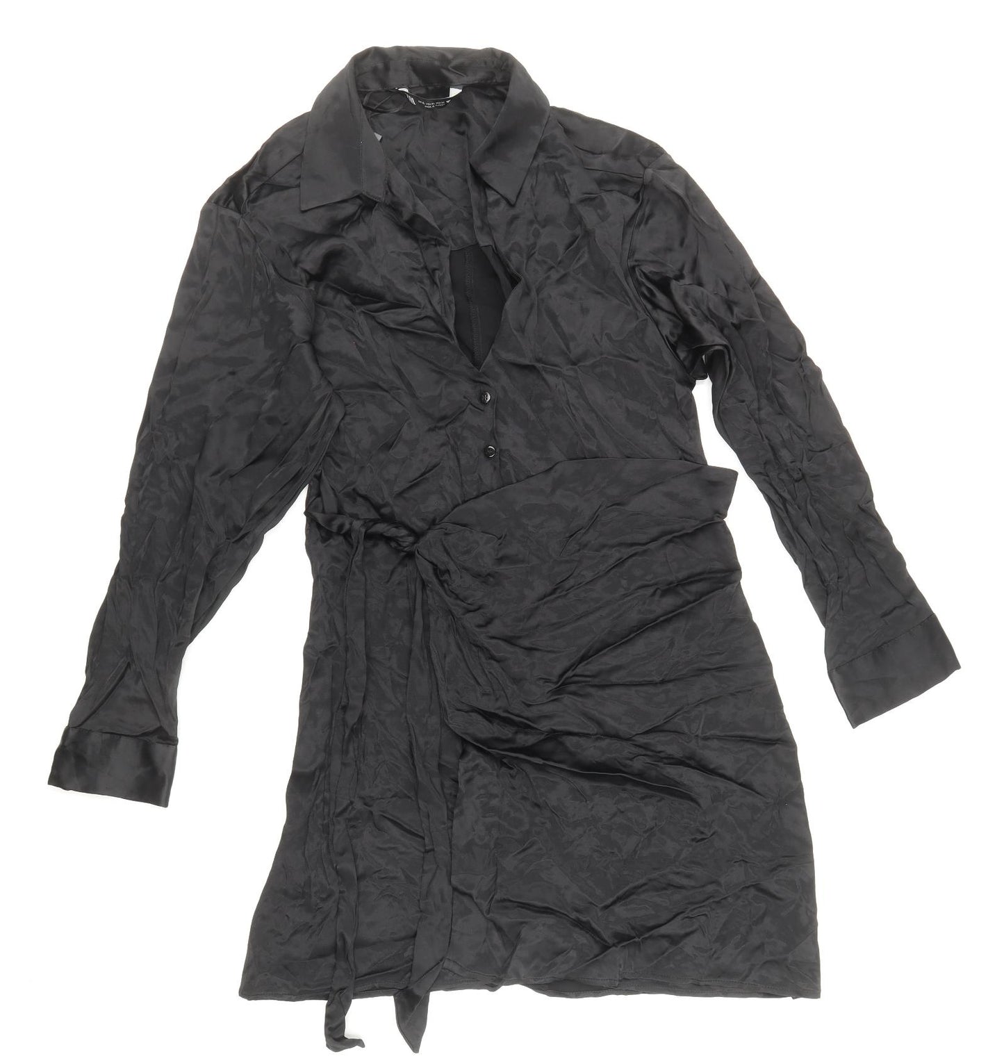 Zara Womens Black Viscose Shirt Dress Size XL V-Neck Button - Wrap Tie Detail, Button Cuff