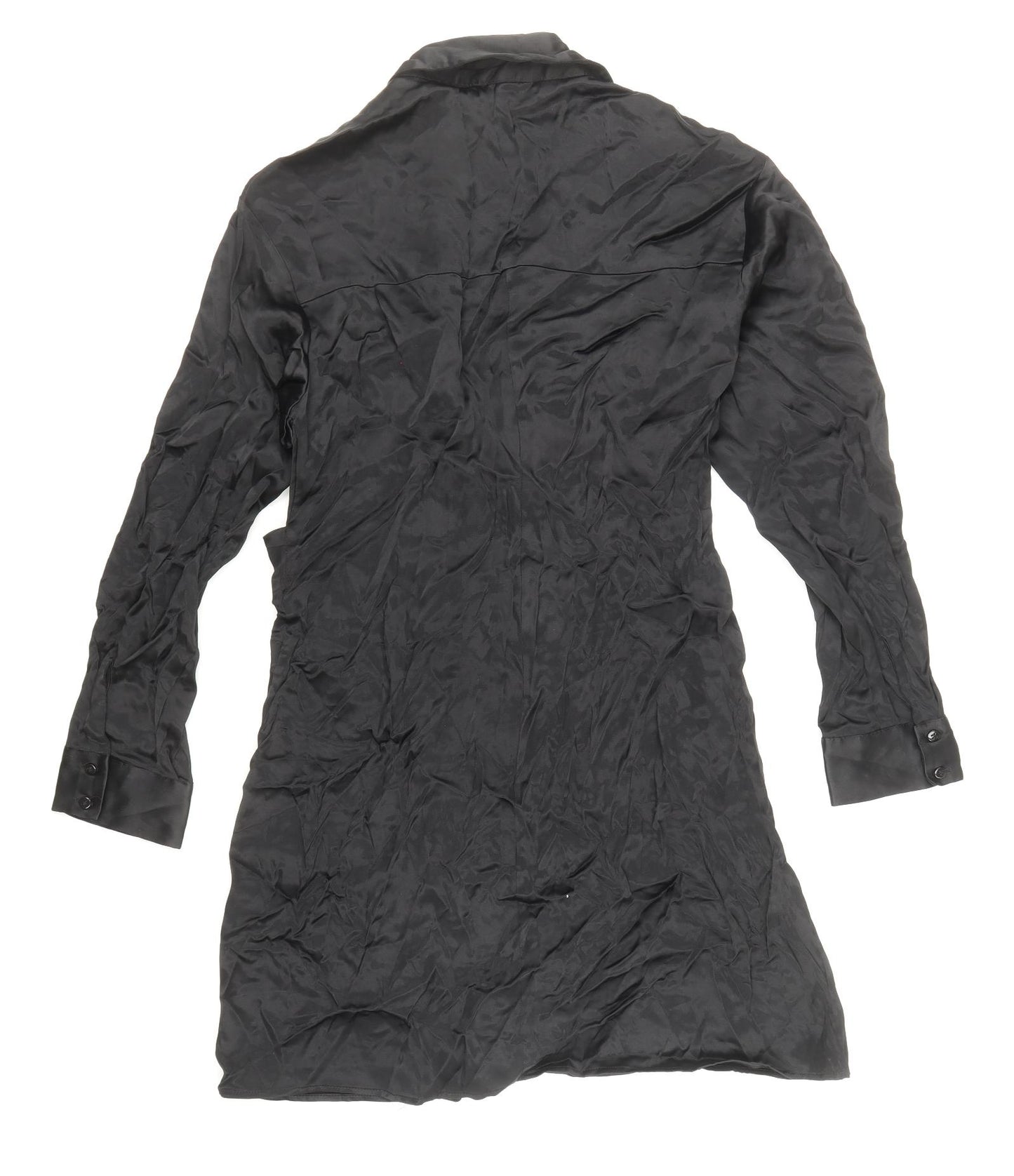 Zara Womens Black Viscose Shirt Dress Size XL V-Neck Button - Wrap Tie Detail, Button Cuff