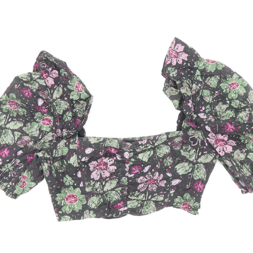 Zara Womens Multicoloured Floral Cotton Cropped Blouse Size XS Sweetheart - Frill Sleeve Detail