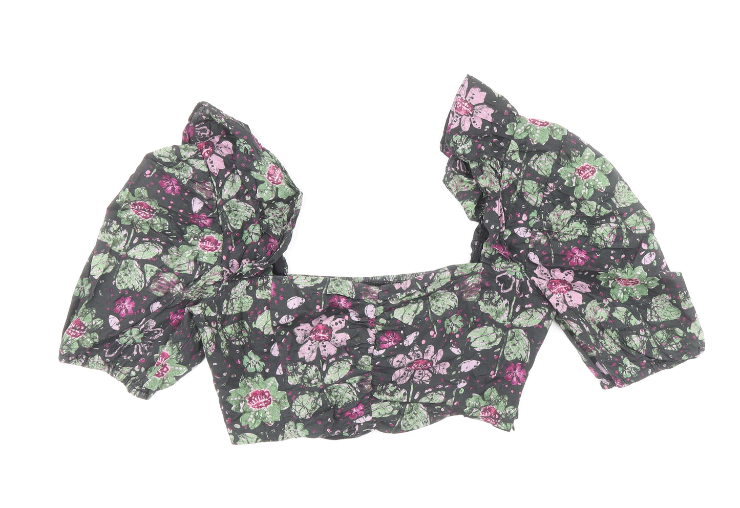 Zara Womens Multicoloured Floral Cotton Cropped Blouse Size XS Sweetheart - Frill Sleeve Detail