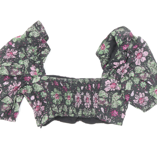 Zara Womens Multicoloured Floral Cotton Cropped Blouse Size XS Sweetheart - Frill Sleeve Detail