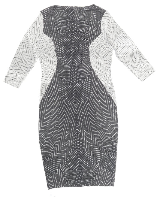 Front view of Autograph women’s multicoloured geometric polyester pencil dress, size UK 12, round neck zip