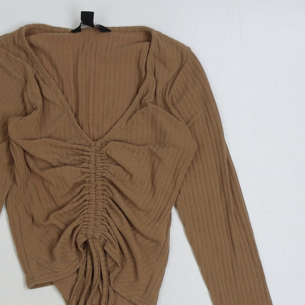 New Look Womens Beige Polyester Cropped T-Shirt Size 6 V-Neck - Ruched Detail