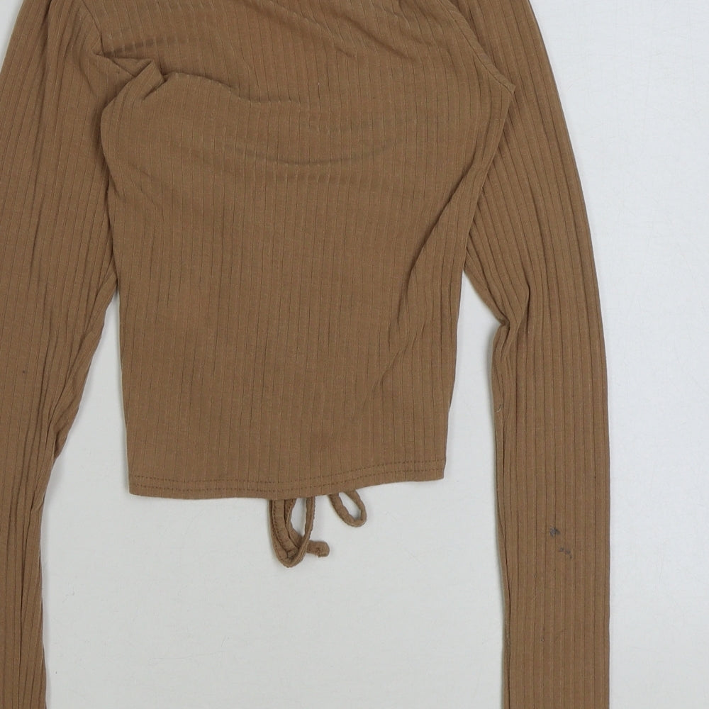New Look Womens Beige Polyester Cropped T-Shirt Size 6 V-Neck - Ruched Detail