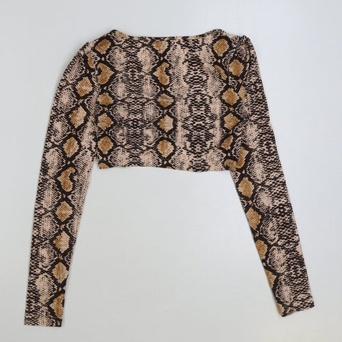 SheIn Womens Brown Animal Print Polyester Cropped T-Shirt Size XS V-Neck - Cut Out