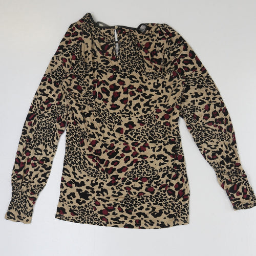 Oasis Womens Brown Animal Print Polyester Basic T-Shirt Size S V-Neck - Cut Out Leopard Print