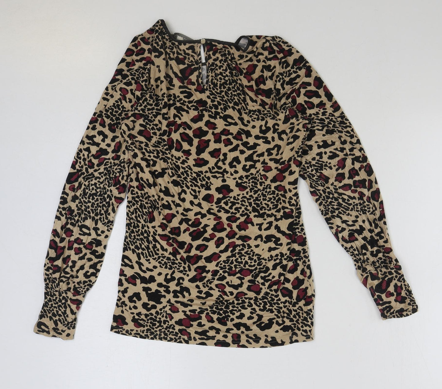 Oasis Womens Brown Animal Print Polyester Basic T-Shirt Size S V-Neck - Cut Out Leopard Print