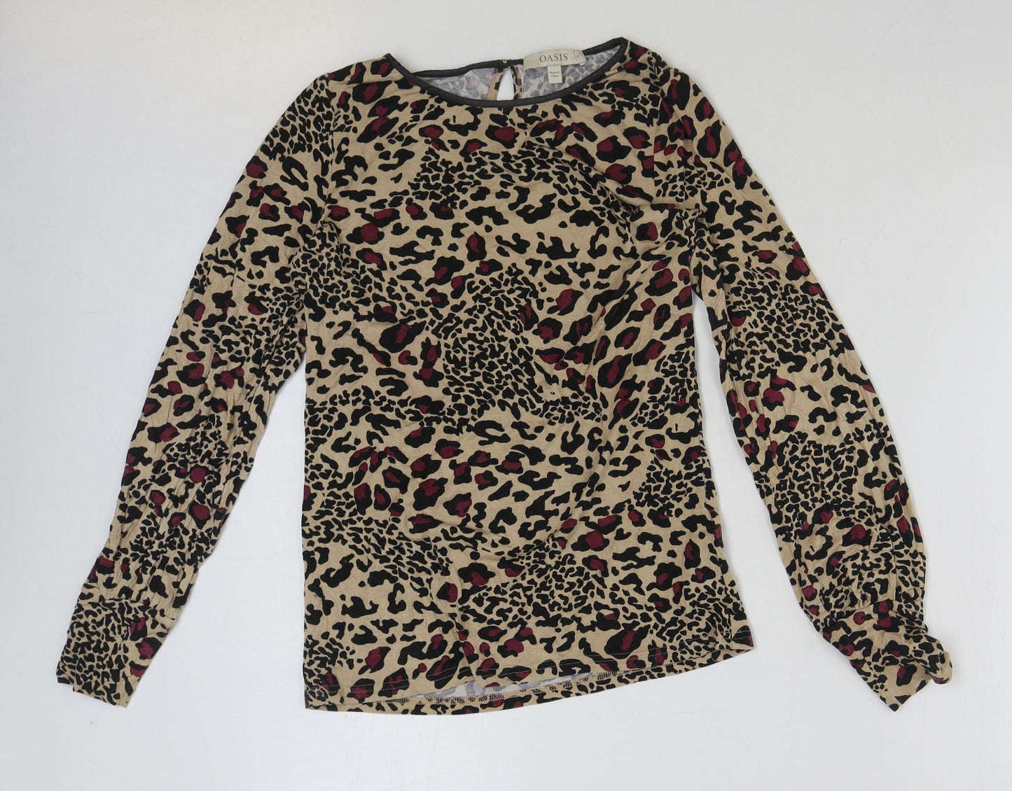 Oasis Womens Brown Animal Print Polyester Basic T-Shirt Size S V-Neck - Cut Out Leopard Print