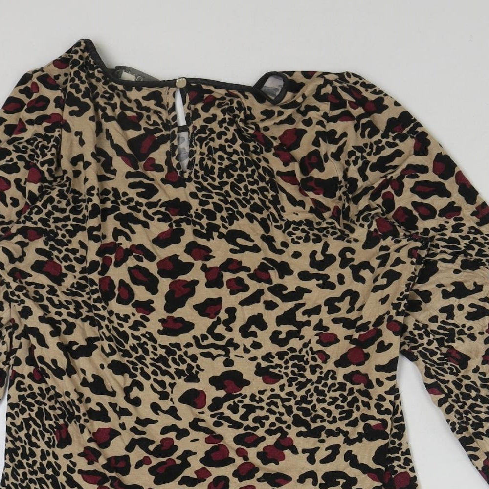 Oasis Womens Brown Animal Print Polyester Basic T-Shirt Size S V-Neck - Cut Out Leopard Print