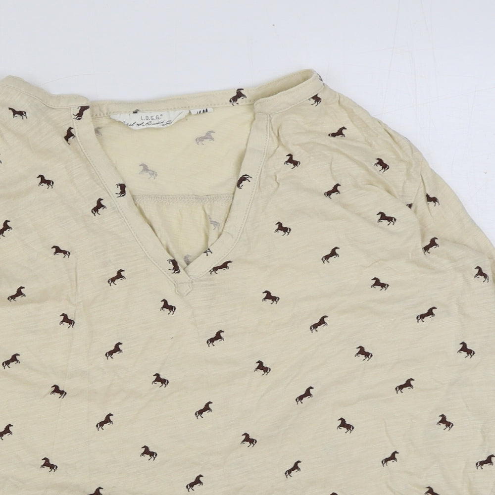 H&M Womens Brown Geometric Polyester Basic T-Shirt Size XS V-Neck - Horse Print