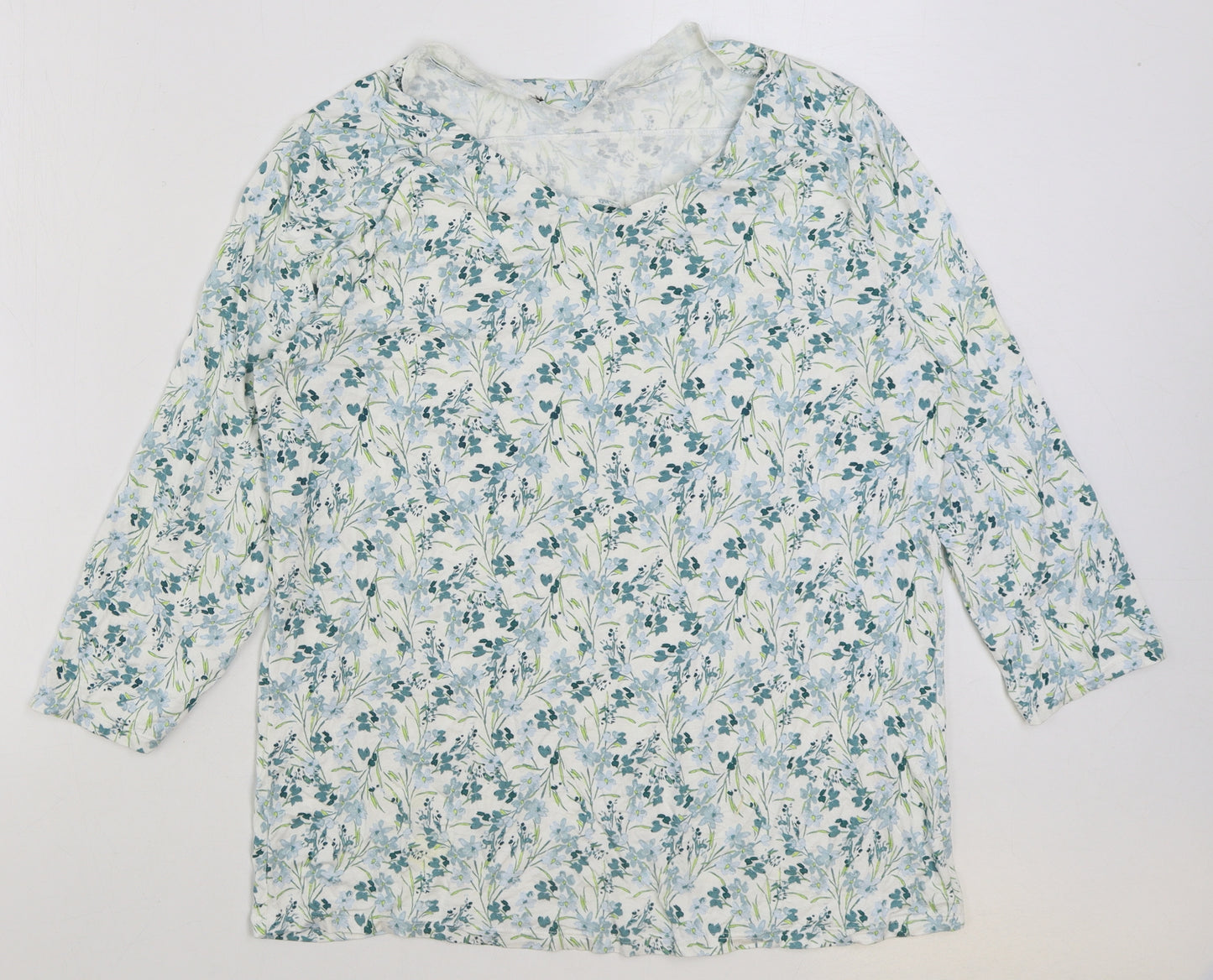 bonmarc Womens White Floral Viscose Basic T-Shirt Size 14 Scoop Neck