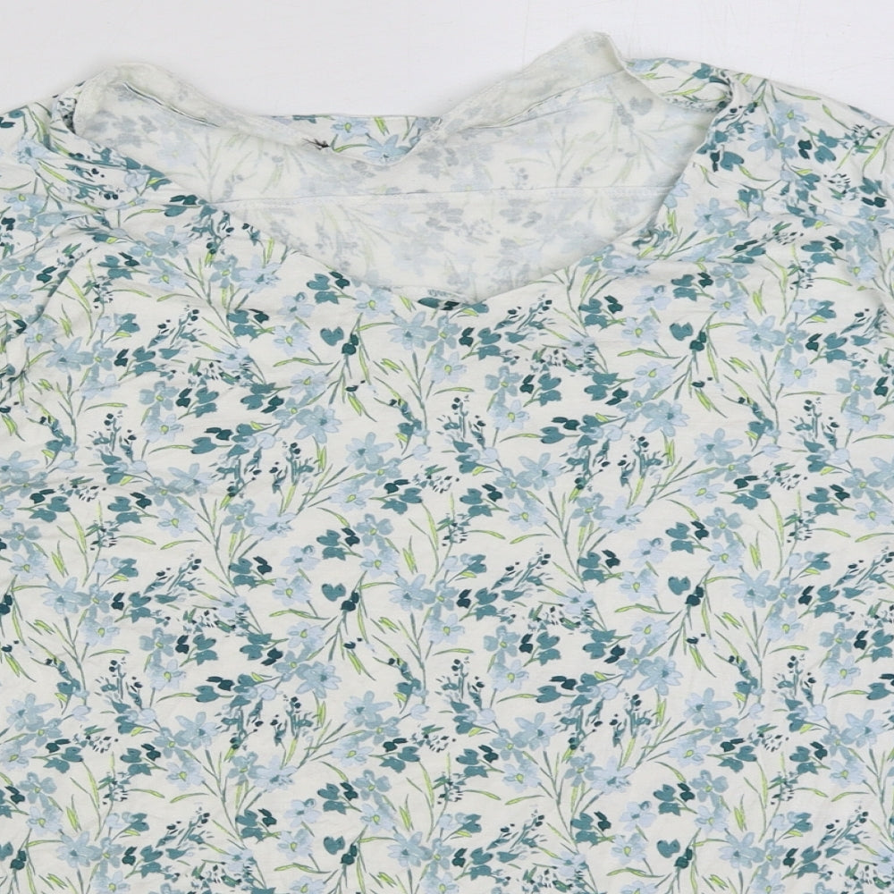 bonmarc Womens White Floral Viscose Basic T-Shirt Size 14 Scoop Neck