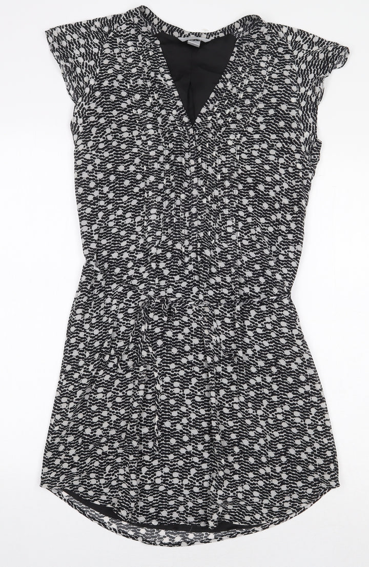 H&M Womens Black Geometric Polyester A-Line Size 8 V-Neck Button