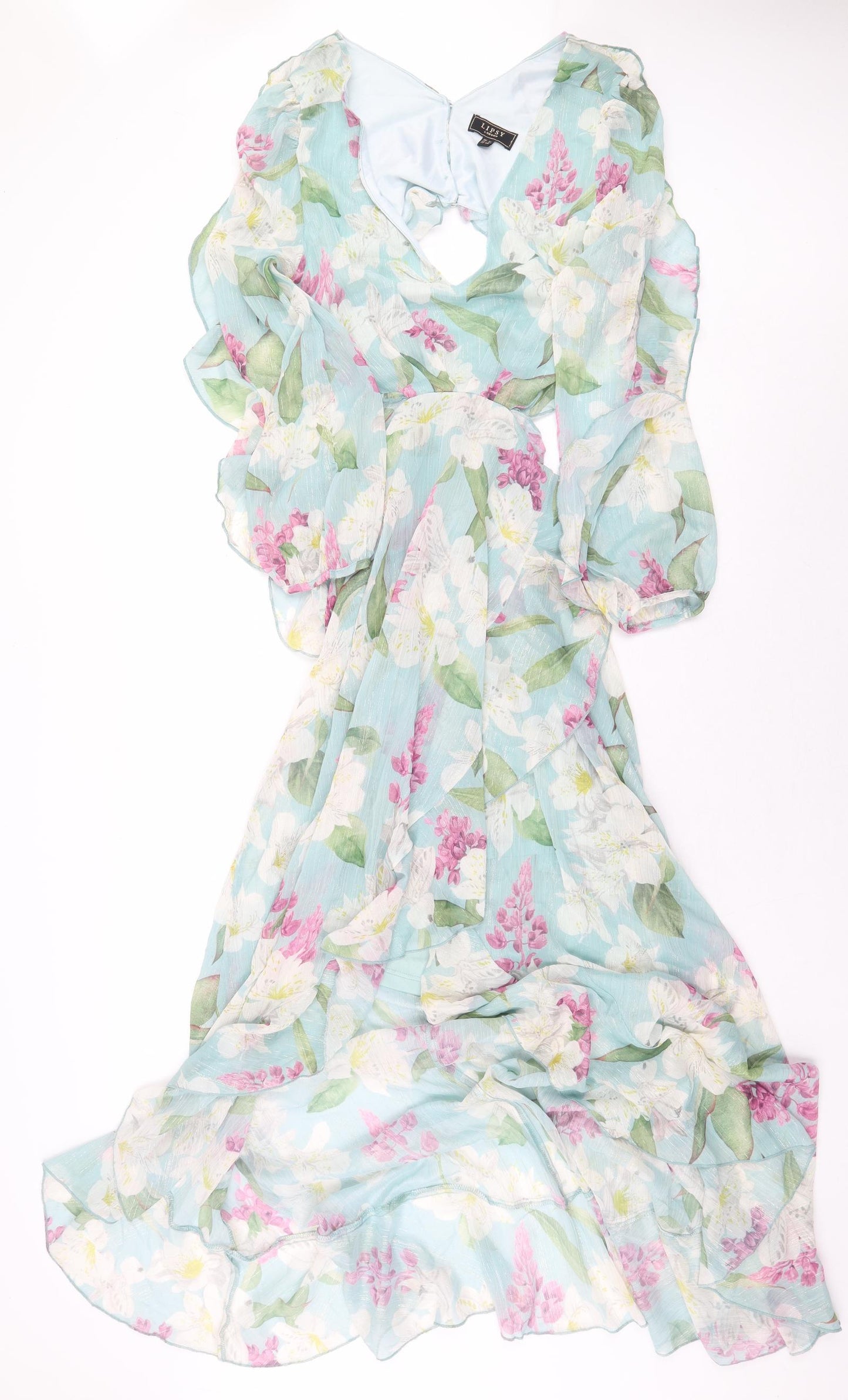 Lipsy London Womens Green Floral Polyester Ball Gown Size 12 V-Neck Zip - Back Cut Out
