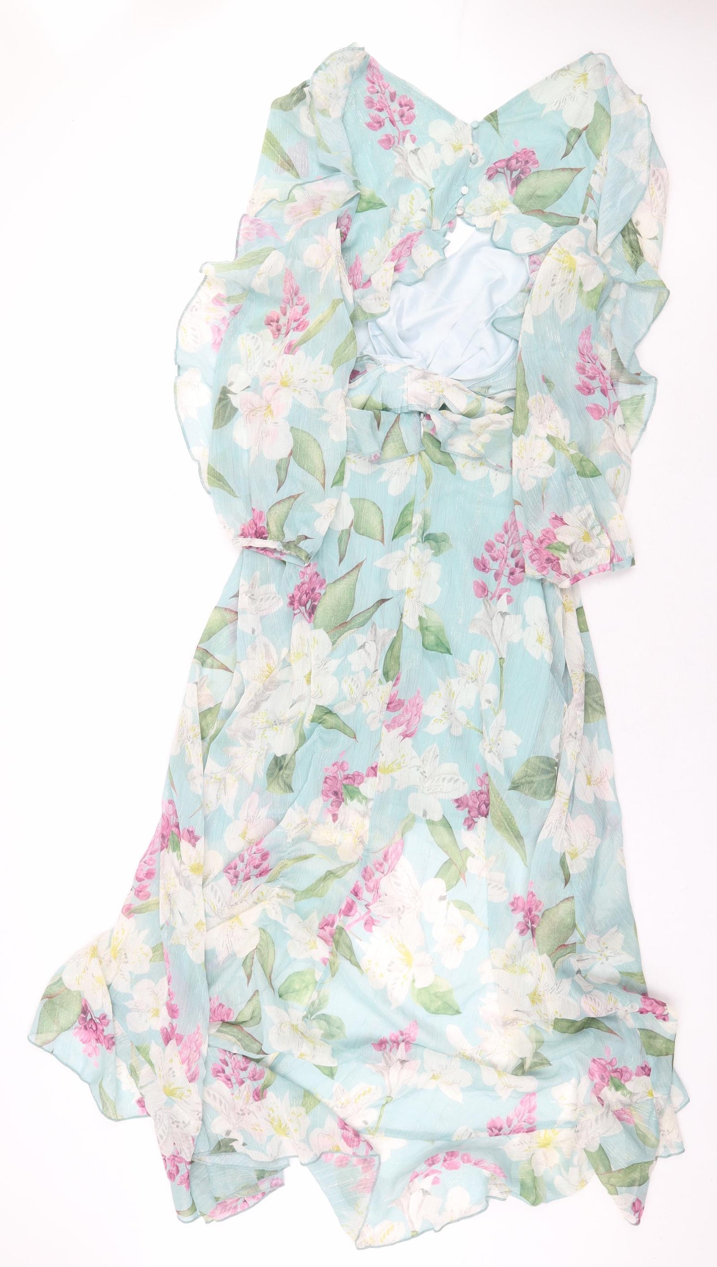 Lipsy London Womens Green Floral Polyester Ball Gown Size 12 V-Neck Zip - Back Cut Out
