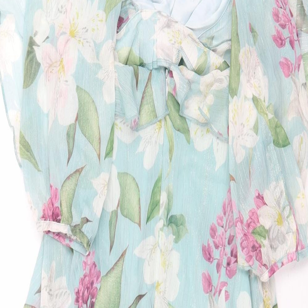 Lipsy London Womens Green Floral Polyester Ball Gown Size 12 V-Neck Zip - Back Cut Out