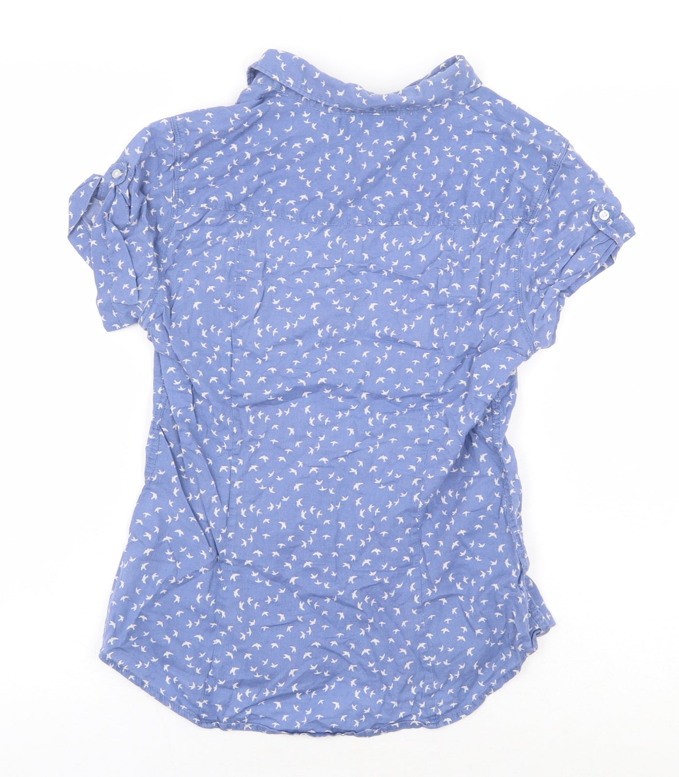 H&M Womens Blue Geometric 100% Cotton Basic Button-Up Size 8 Collared - Birds