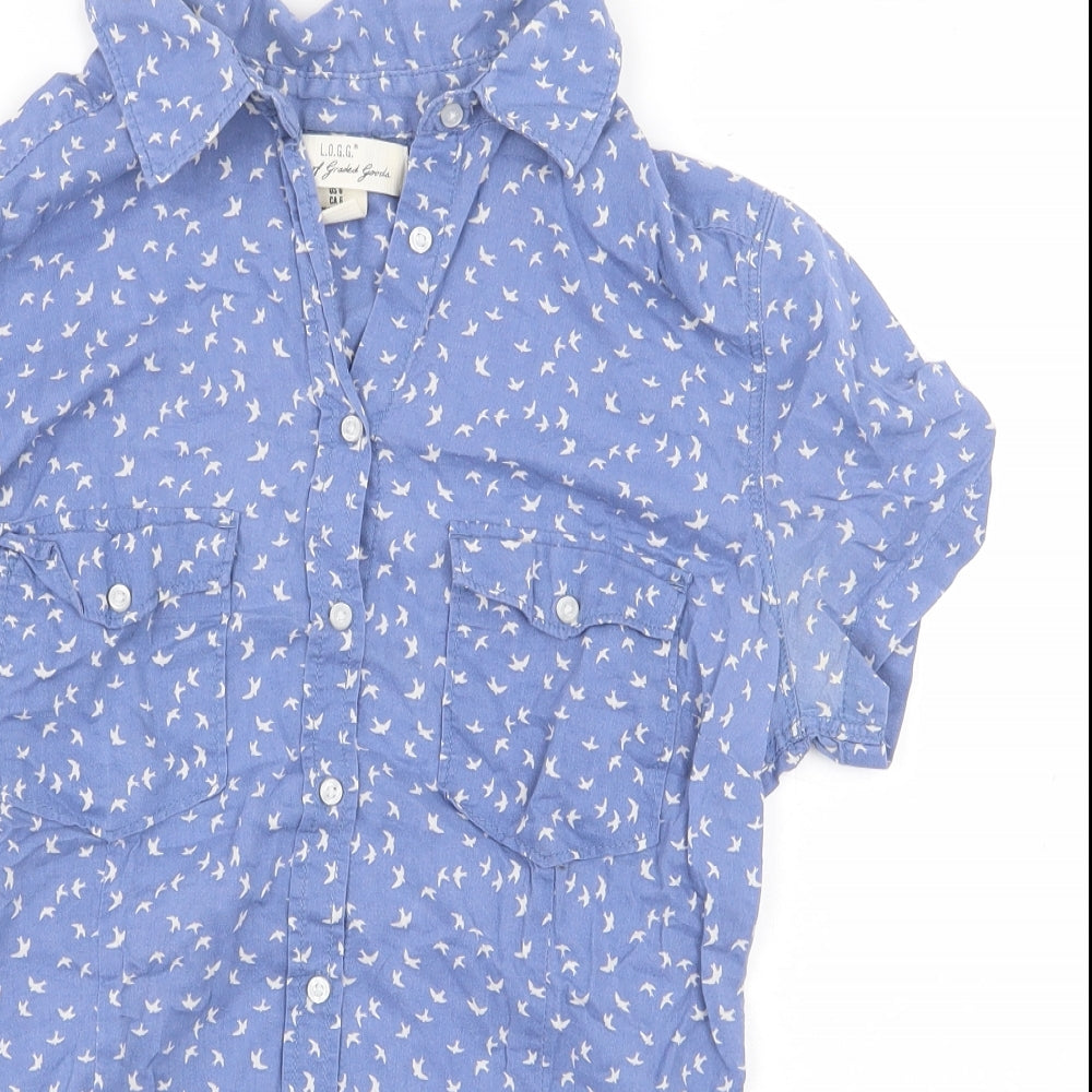 H&M Womens Blue Geometric 100% Cotton Basic Button-Up Size 8 Collared - Birds