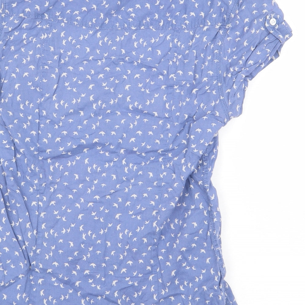 H&M Womens Blue Geometric 100% Cotton Basic Button-Up Size 8 Collared - Birds