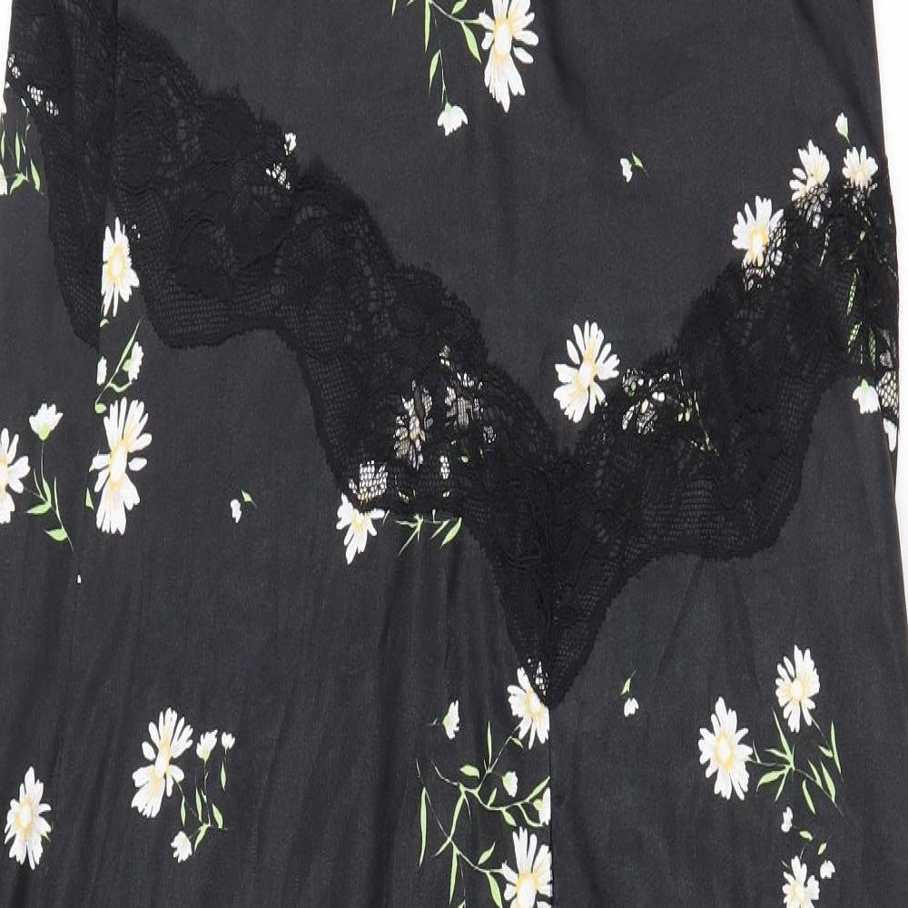 Topshop Womens Black Floral Nylon Sheath Size 8 V-Neck Pullover - Lace Trim