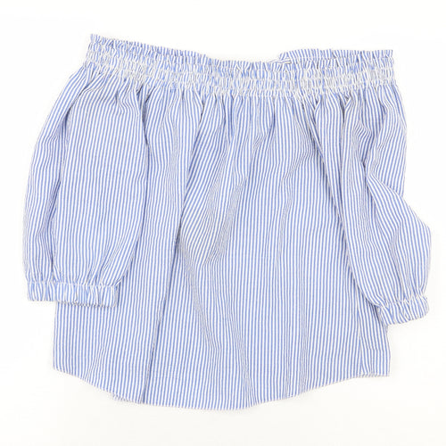 Atmosphere Womens Blue Striped Polyester Basic Blouse Size 4 Off the Shoulder