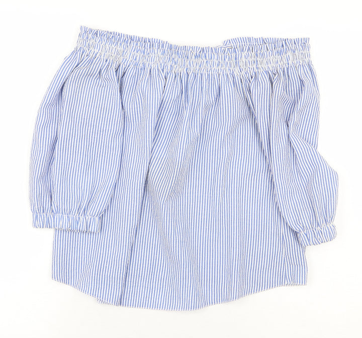 Atmosphere Womens Blue Striped Polyester Basic Blouse Size 4 Off the Shoulder