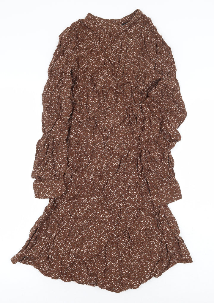 New Look Womens Brown Geometric Viscose A-Line Size 10 Mock Neck Button