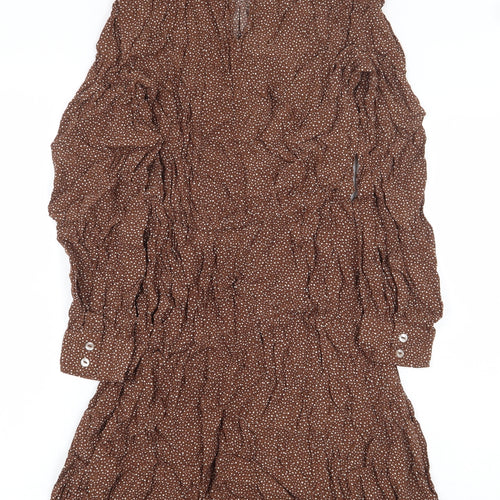 New Look Womens Brown Geometric Viscose A-Line Size 10 Mock Neck Button