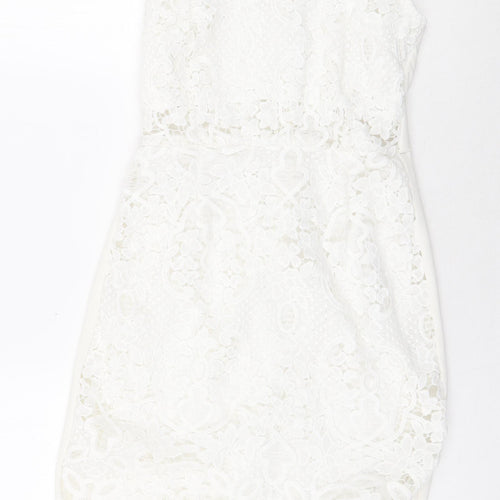 Quiz Womens White Floral Polyester Bodycon Size 6 Mock Neck Zip