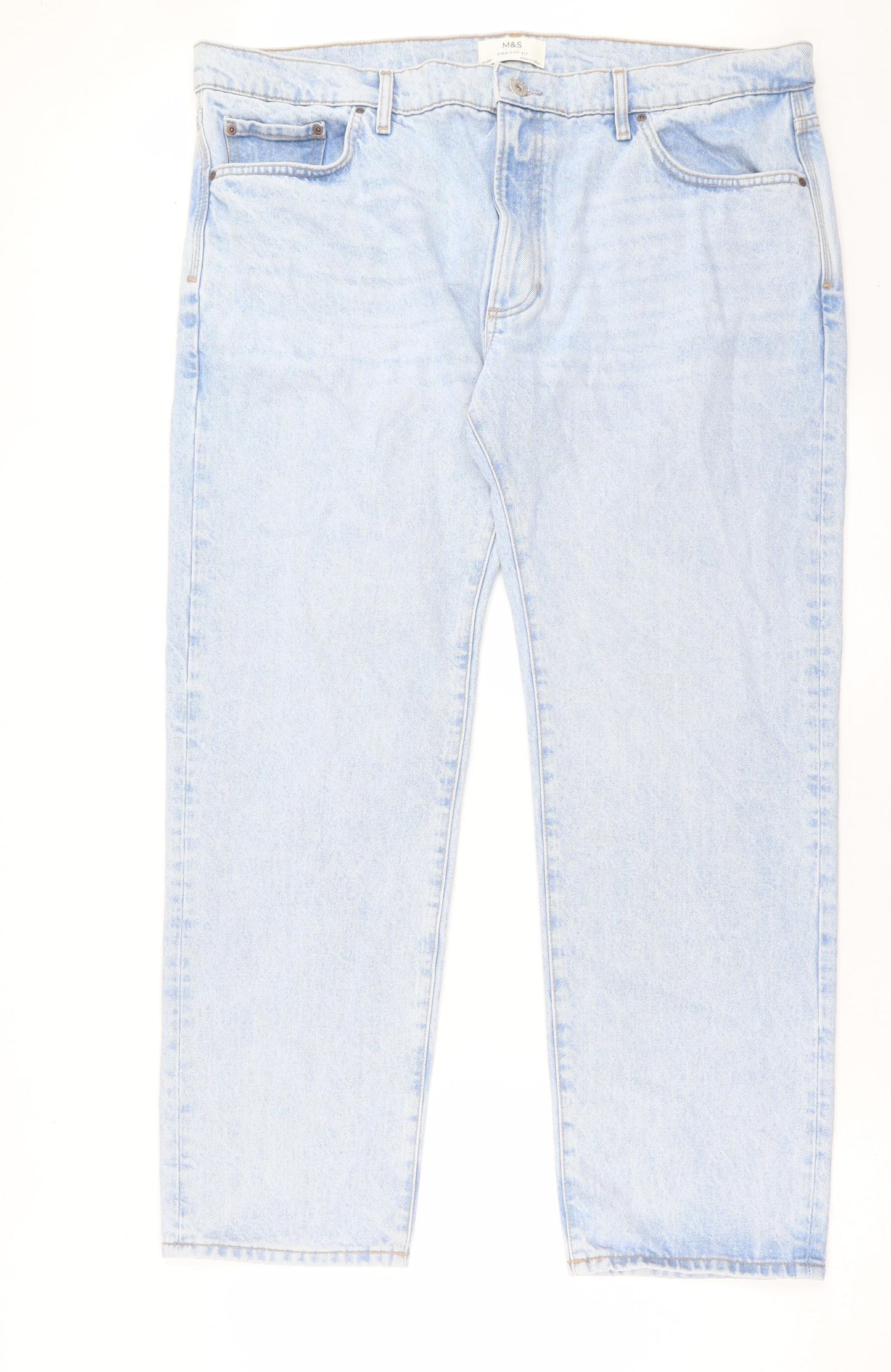 Marks and Spencer Mens Blue Cotton Straight Jeans Size 40 in L31 in Regular Button