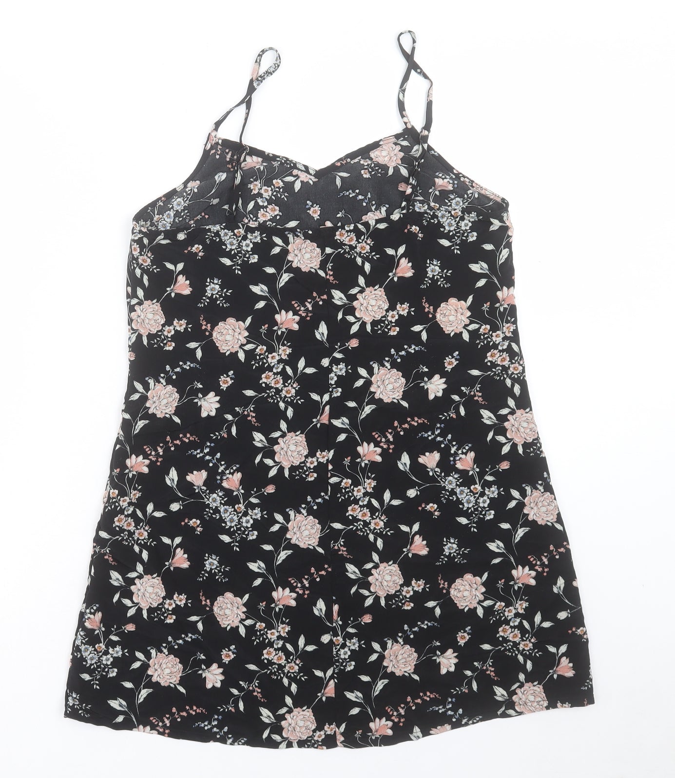 H&M Womens Black Floral Polyester Tunic Tank Size 10 V-Neck
