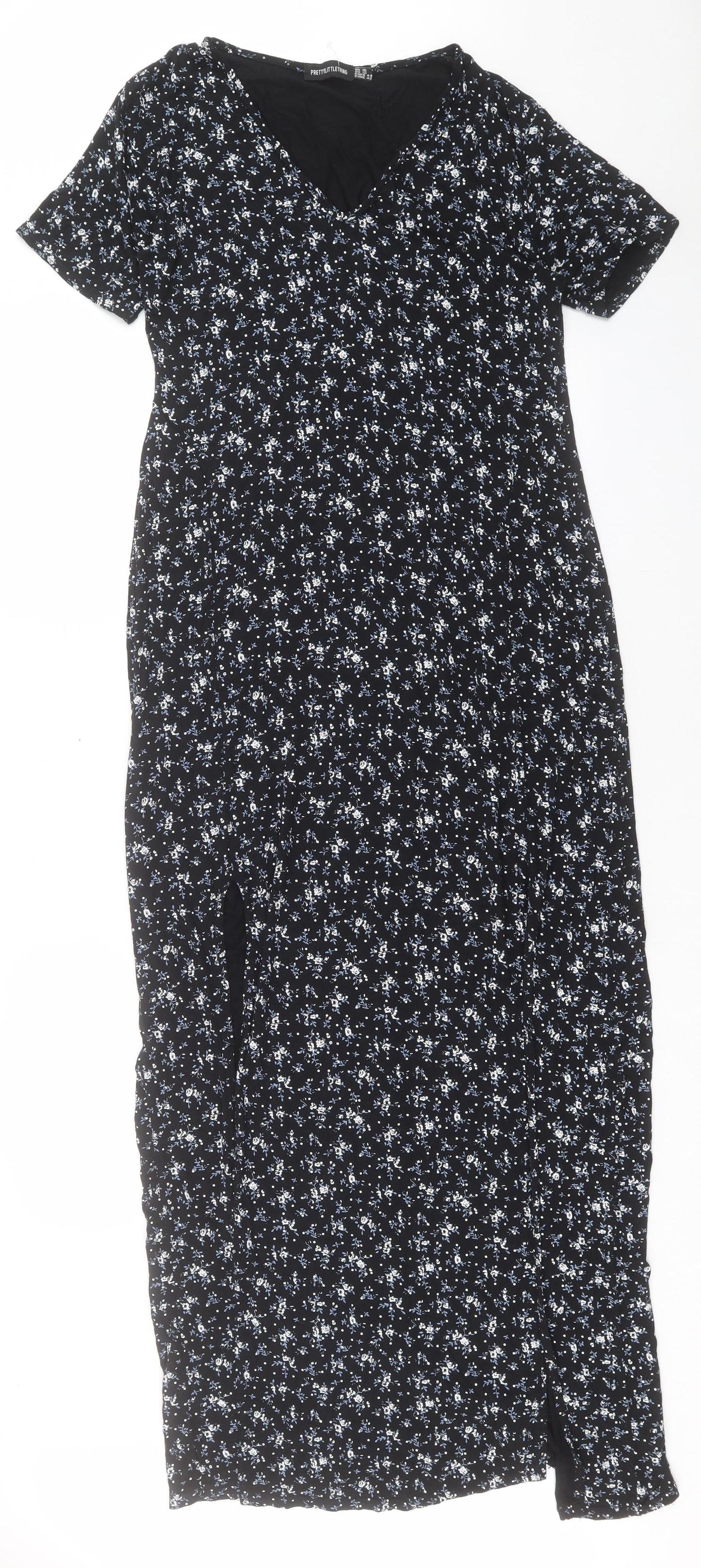 PRETTYLITTLETHING Womens Black Floral Viscose A-Line Size 16 V-Neck Pullover