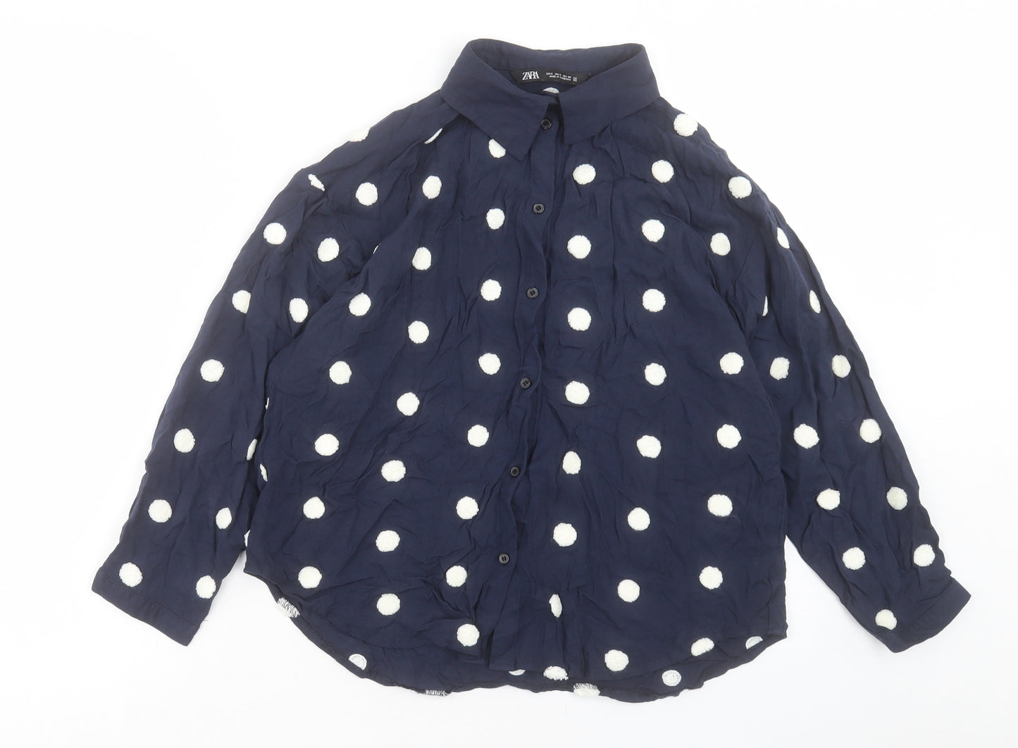 Zara Womens Blue Polka Dot Viscose Basic Button-Up Size S Collared