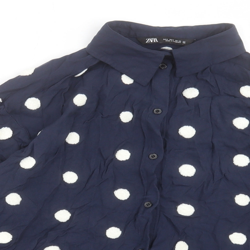 Zara Womens Blue Polka Dot Viscose Basic Button-Up Size S Collared