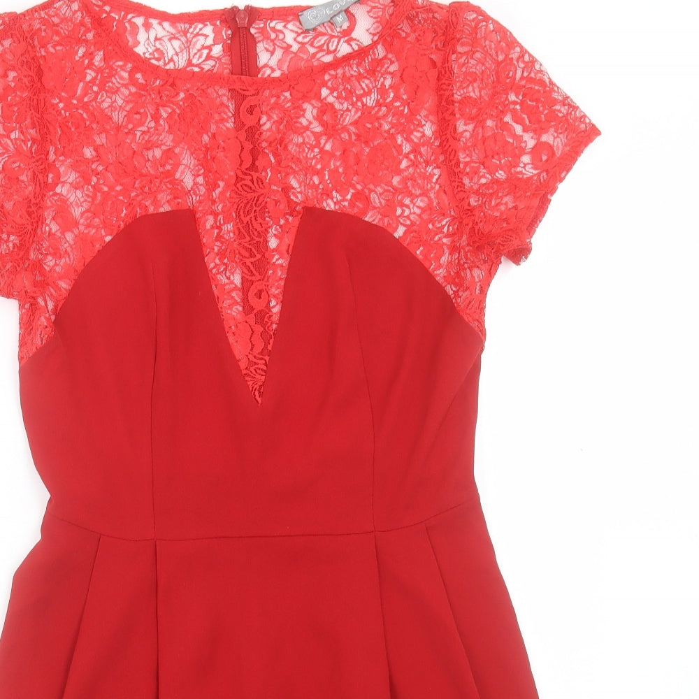 Love Womens Red Polyester A-Line Size M Boat Neck Zip - Lace Detail