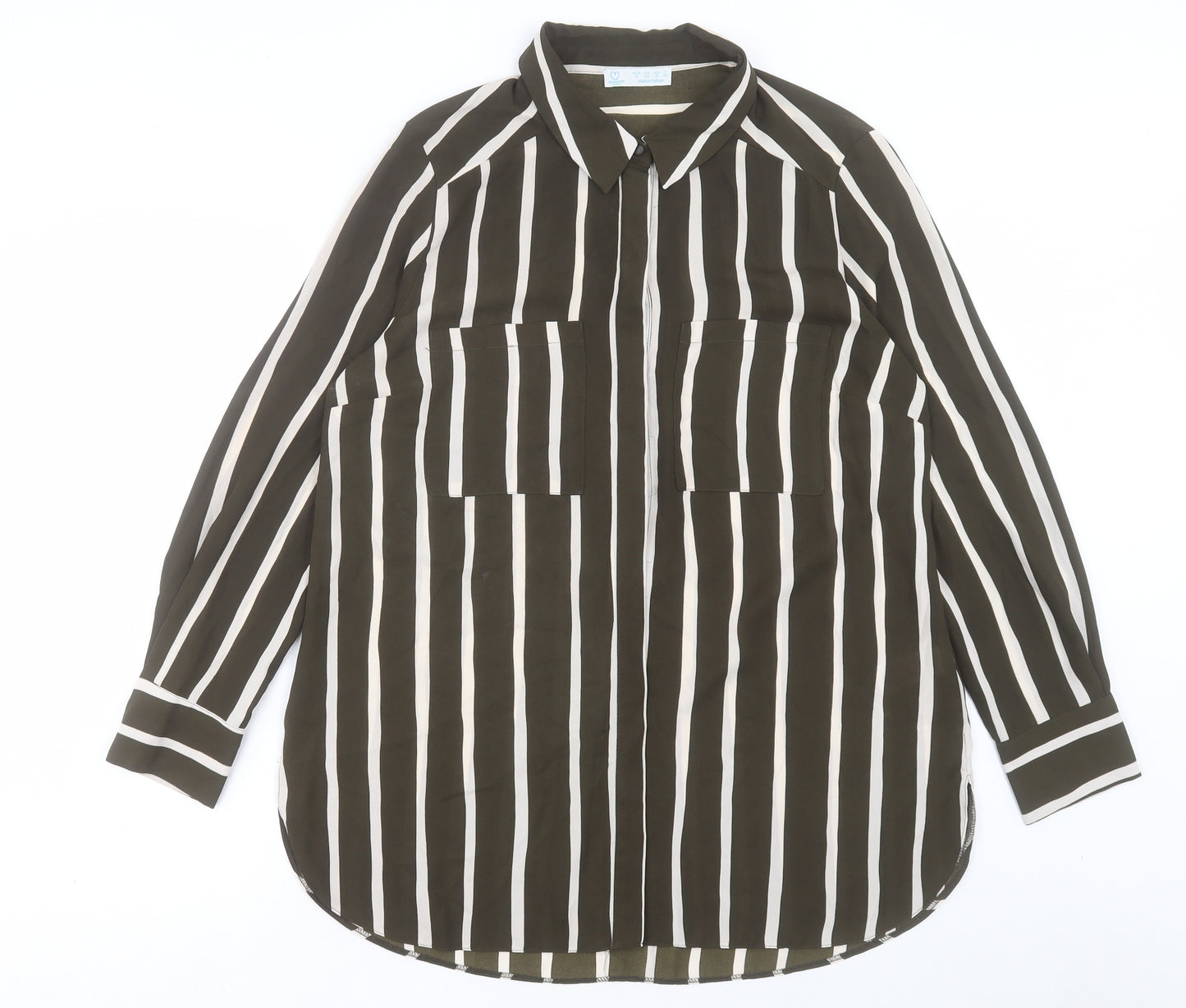 Primark Womens Green Striped Polyester Basic Button-Up Size 16 Collared