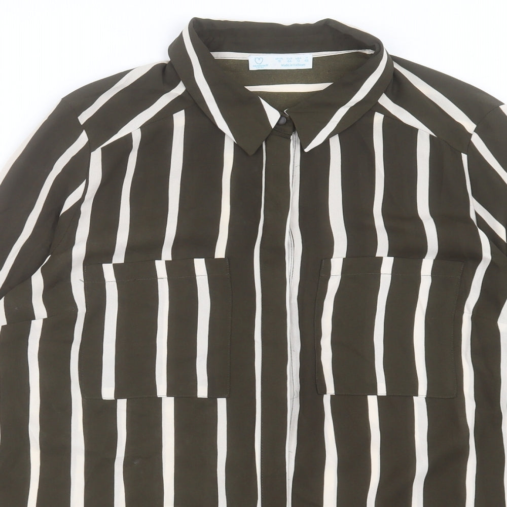 Primark Womens Green Striped Polyester Basic Button-Up Size 16 Collared